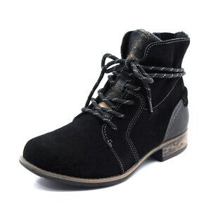 Women's Black Genuine Leather Suede Ankle Lace Bootie with Side Zipper